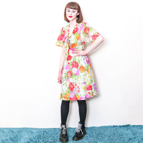 Floral Bowcollar Mini Dress - 70's Vintage (Size 8)
