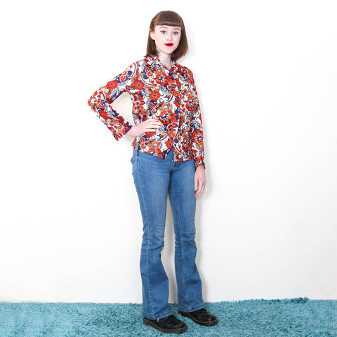 Floral Patterned Polyester Blouse - 70's Vintage (Size 8)